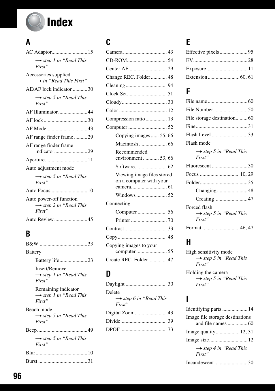 Index | Sony DSC-S600 User Manual | Page 96 / 99