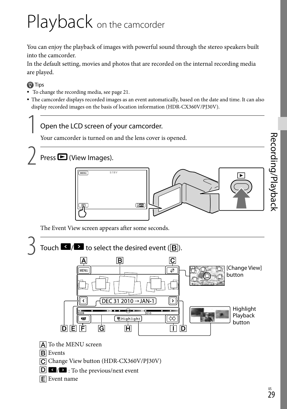 Playback on the camcorder, Playback, Rec or ding/p la yback | On.the.camcorder | Sony HDR-CX360V User Manual | Page 29 / 151