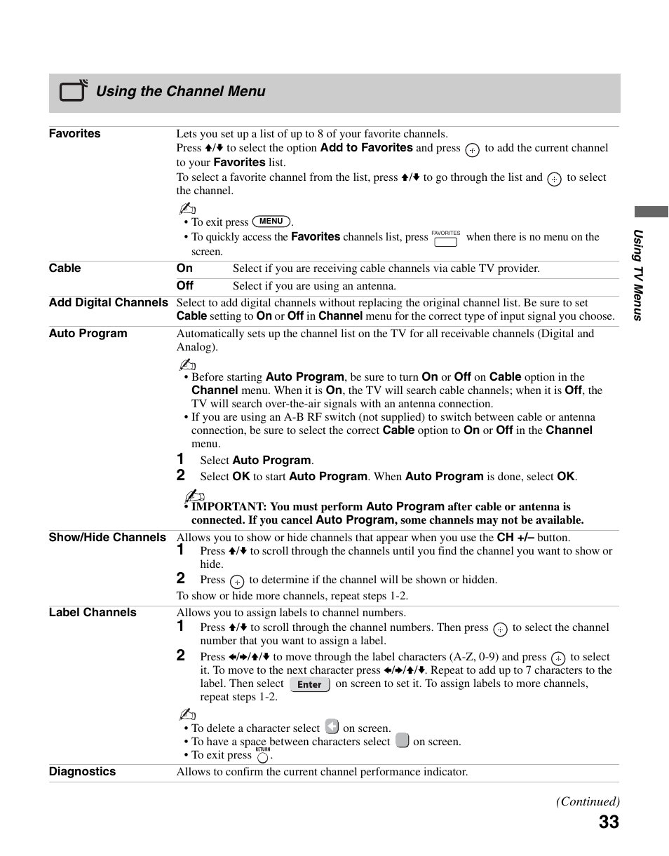 Using the channel menu | Sony KDL-37NL140 User Manual | Page 33 / 48