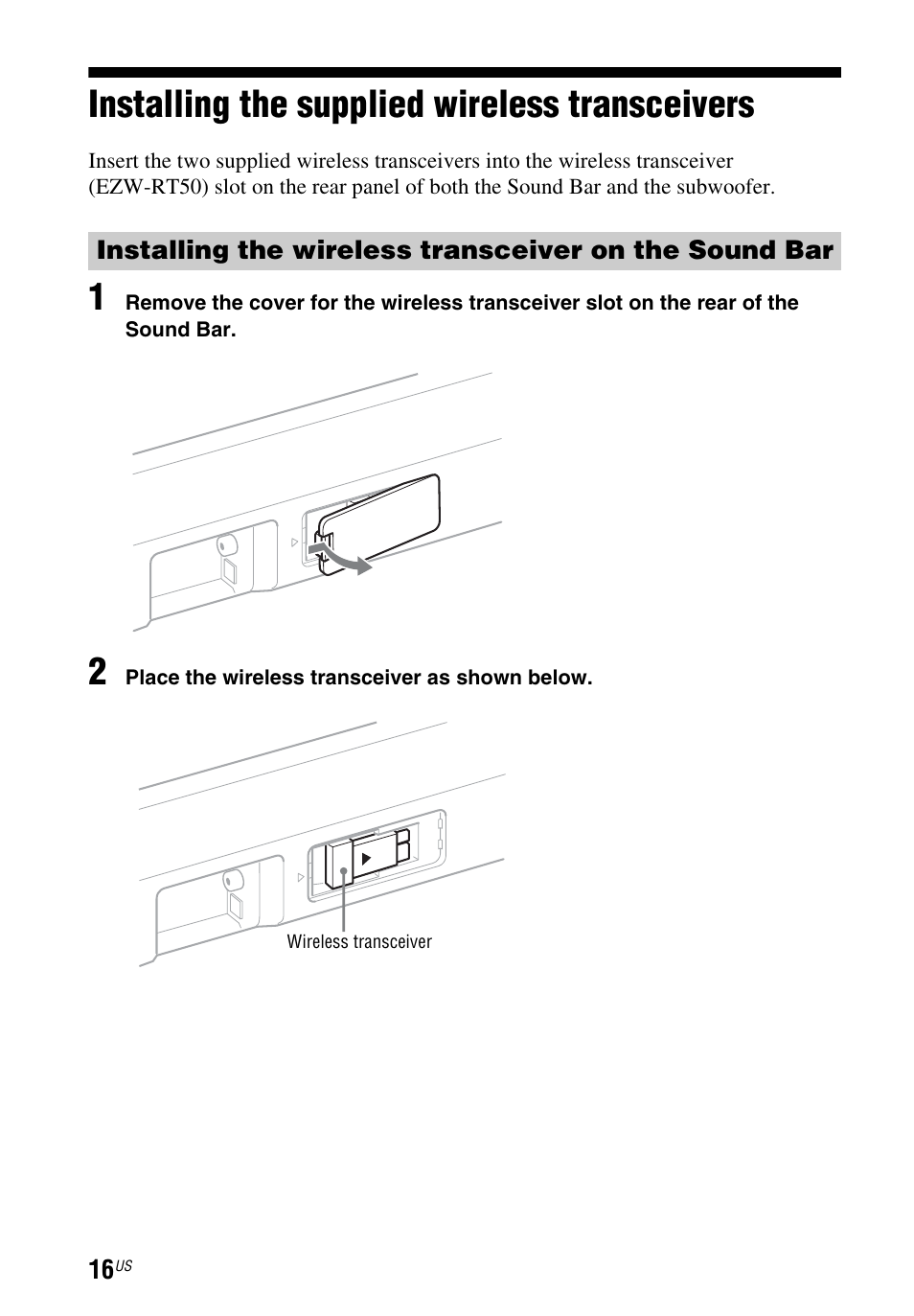 Installing the supplied wireless transceivers, Installing the supplied wireless, Transceivers | Sony HT-CT260 User Manual | Page 16 / 130