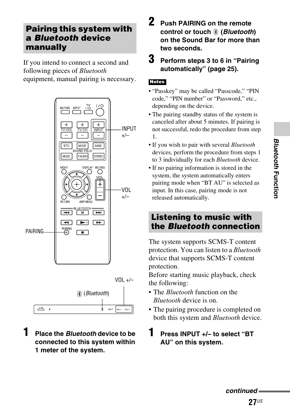 Listening to music with the bluetooth connection | Sony HT-CT260 User Manual | Page 27 / 130