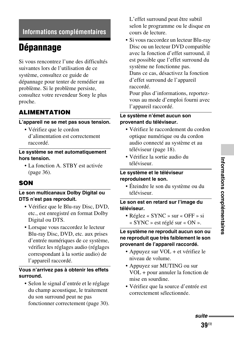 Informations complémentaires, Dépannage | Sony HT-CT260 User Manual | Page 81 / 130