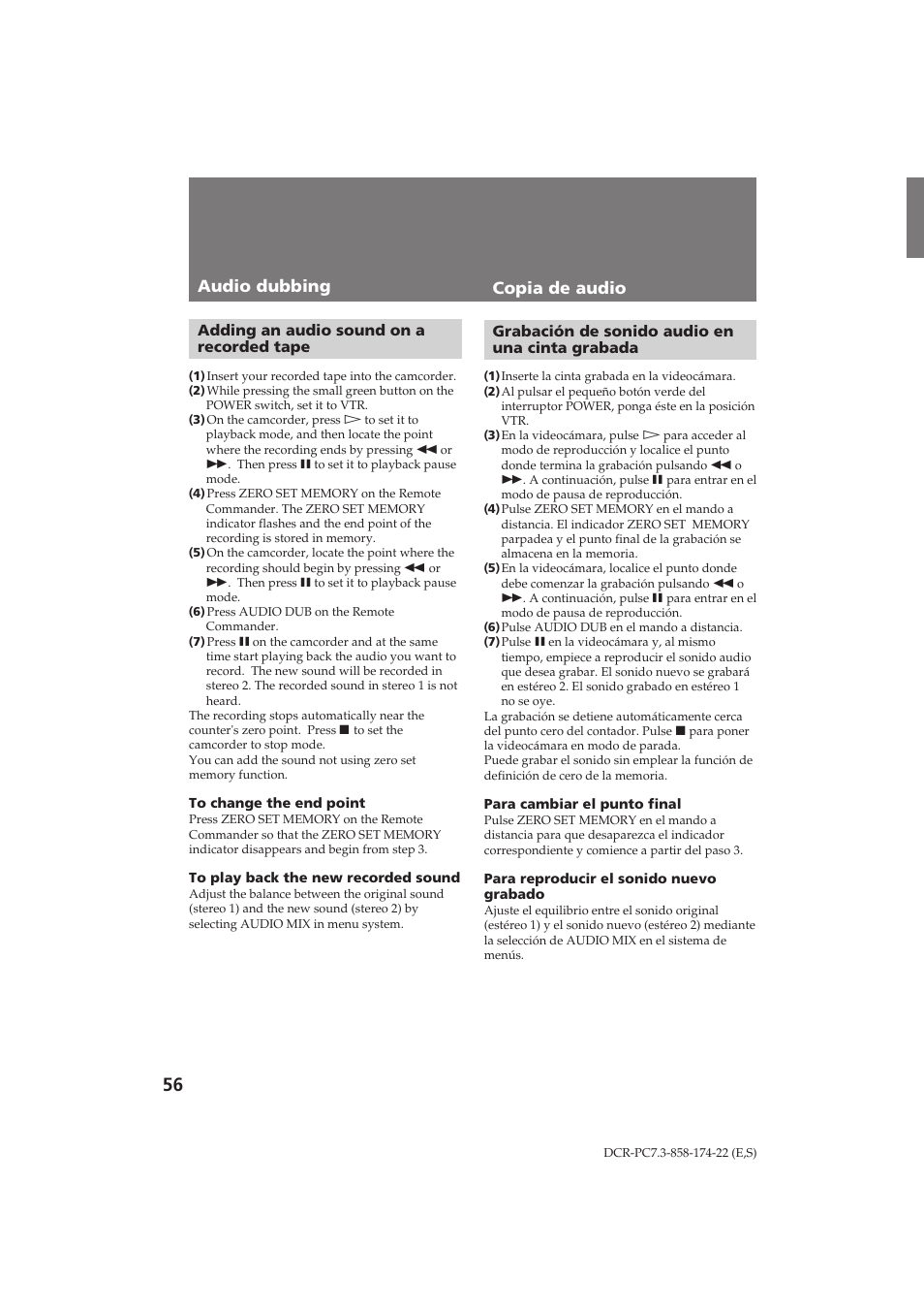 Audio dubbing, Copia de audio | Sony DCR-PC7 User Manual | Page 56 / 92