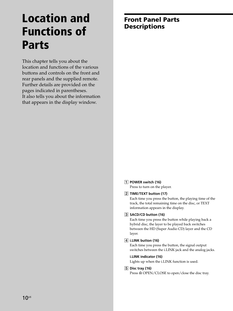 Location and functions of parts, Front panel parts descriptions | Sony SCD-XA9000ES User Manual | Page 10 / 34