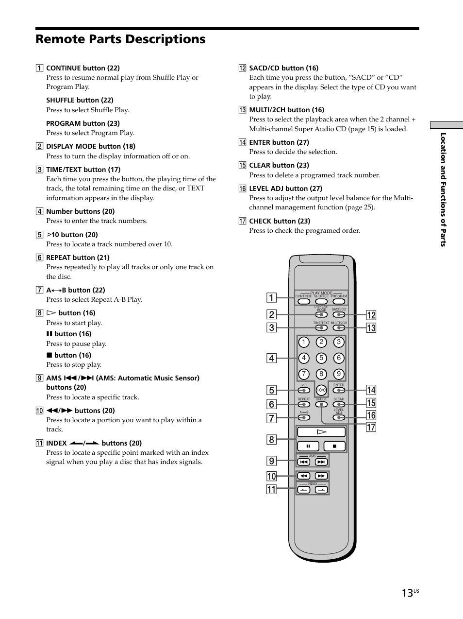 Remote parts descriptions | Sony SCD-XA9000ES User Manual | Page 13 / 34