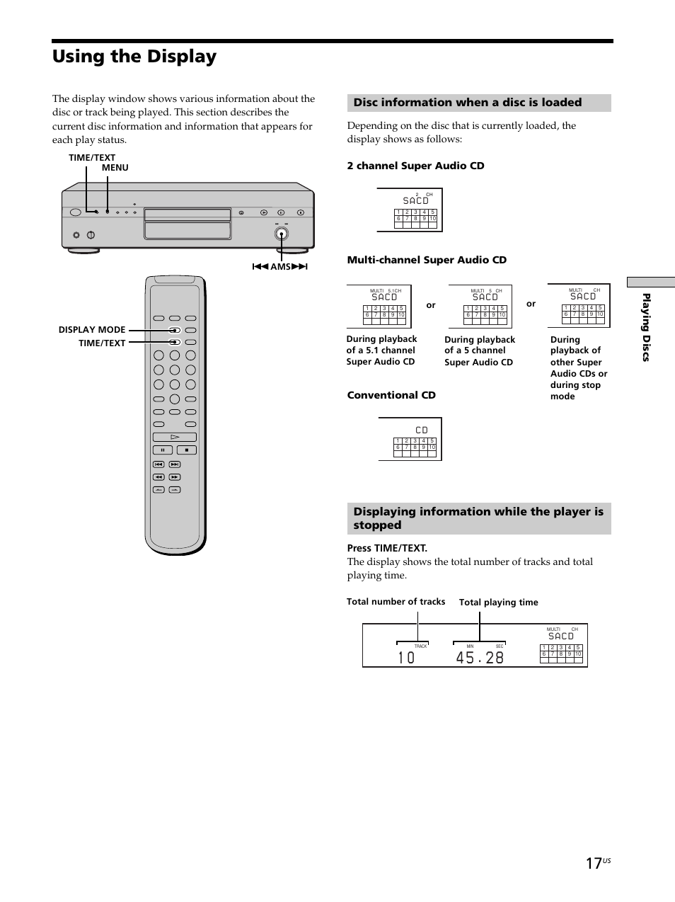 Using the display, Disc information when a disc is loaded, Displaying information while the player is stopped | Playing discs, S a c d | Sony SCD-XA9000ES User Manual | Page 17 / 34