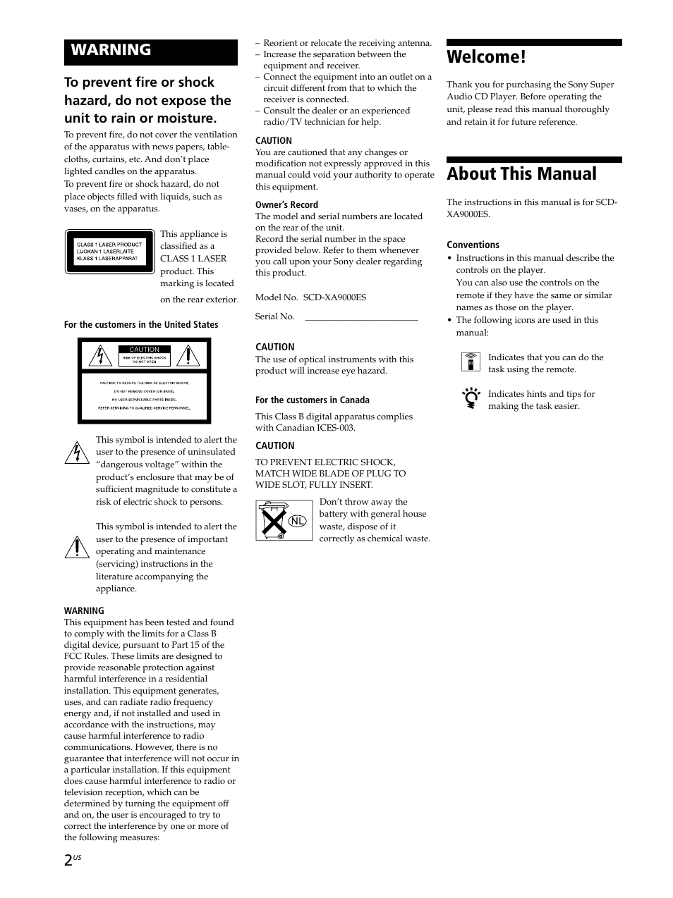 Welcome, About this manual, Warning | Sony SCD-XA9000ES User Manual | Page 2 / 34