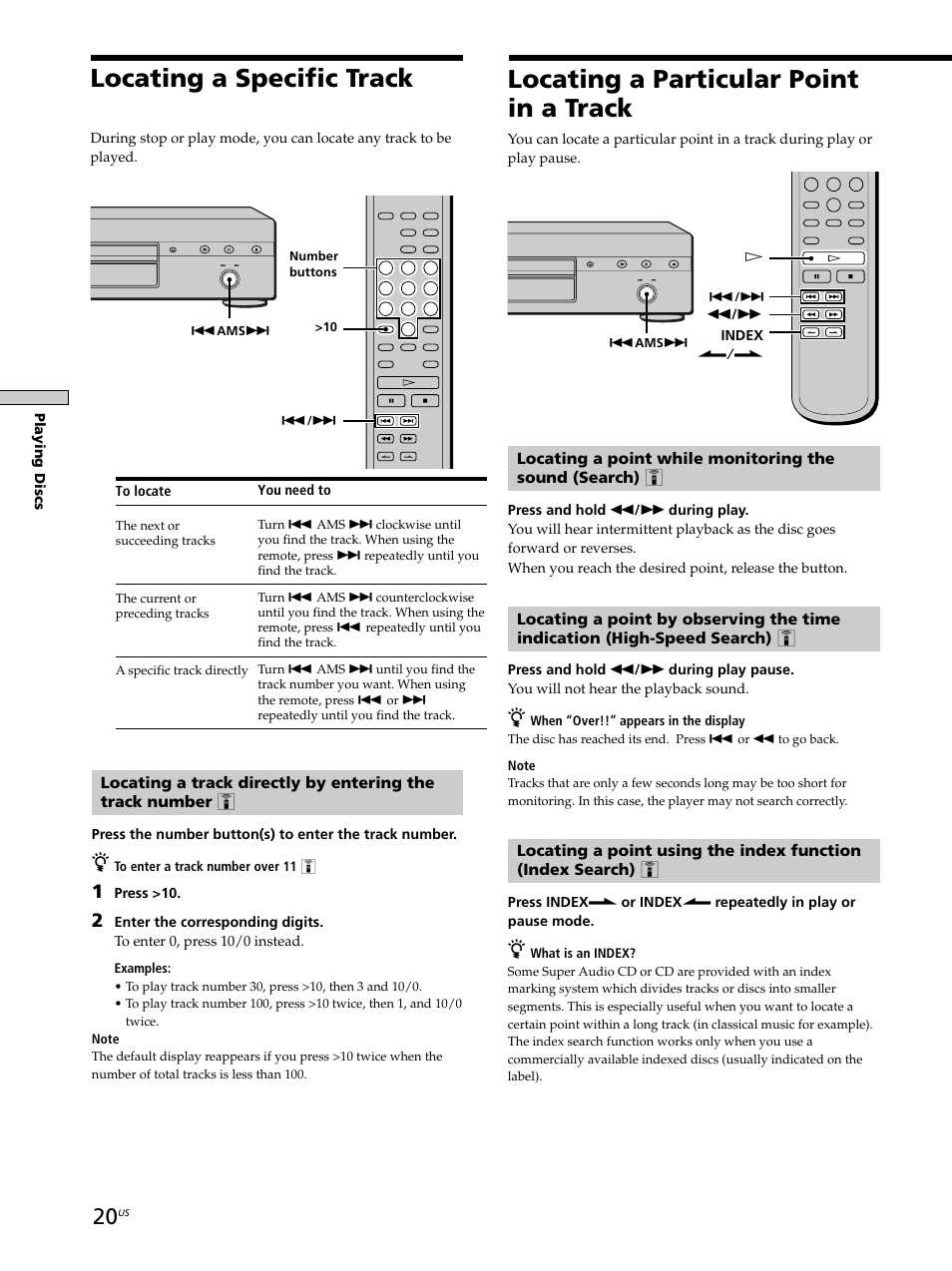 Locating a particular point in a track, Locating a specific track | Sony SCD-XA9000ES User Manual | Page 20 / 34