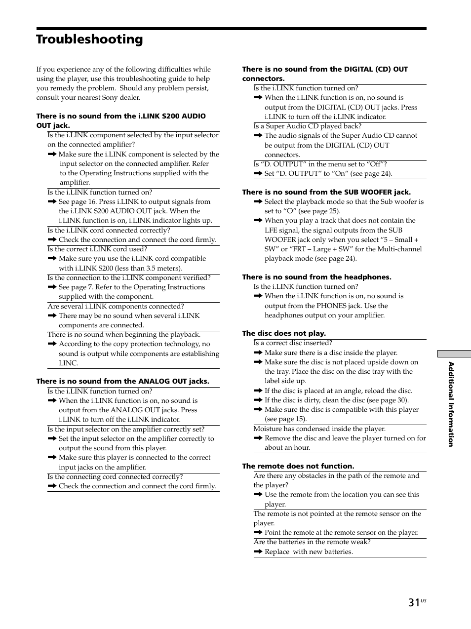 Troubleshooting | Sony SCD-XA9000ES User Manual | Page 31 / 34
