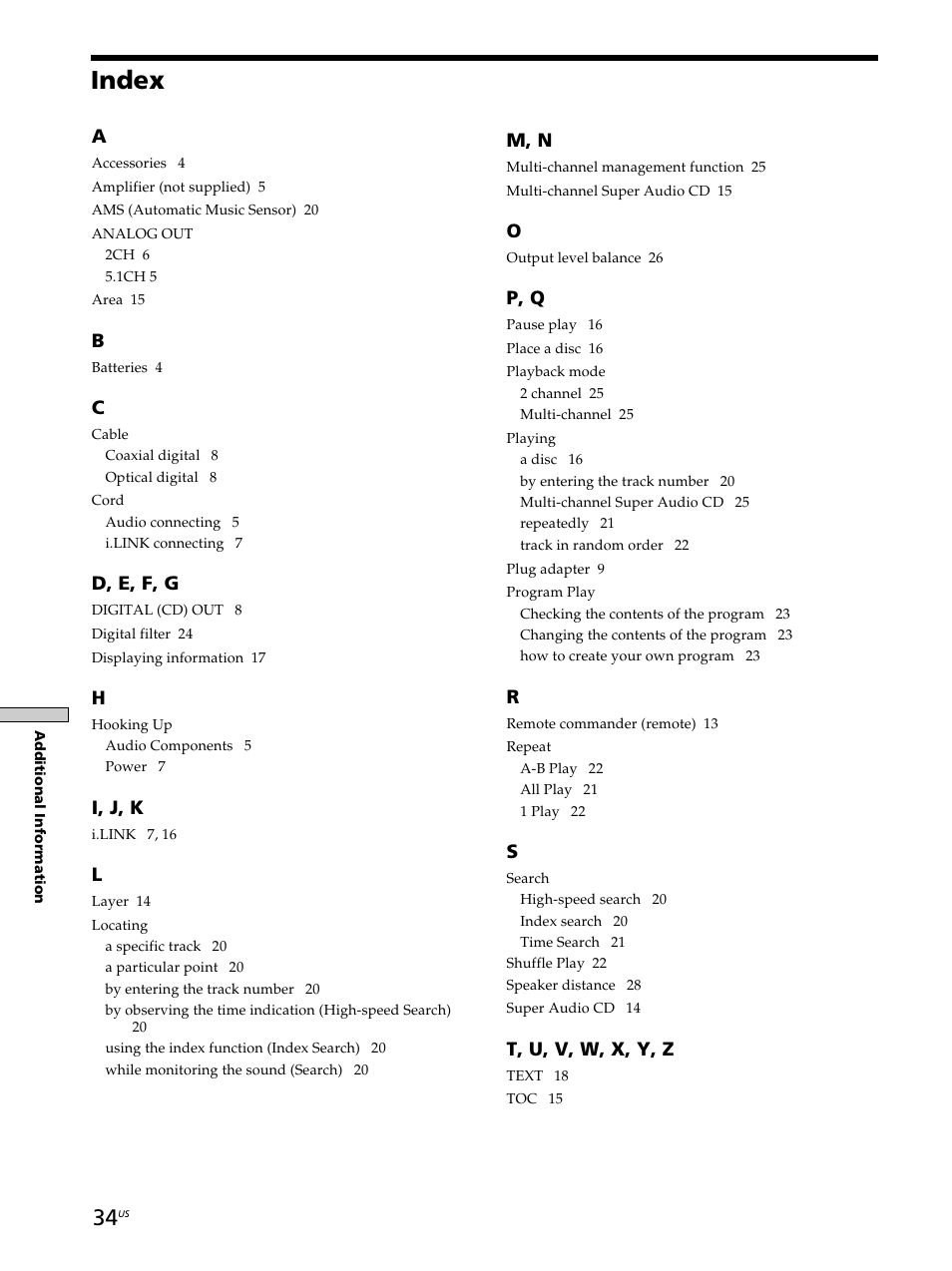 Index, D, e, f, g, I, j, k | M, n, P, q, T, u, v, w, x, y, z | Sony SCD-XA9000ES User Manual | Page 34 / 34