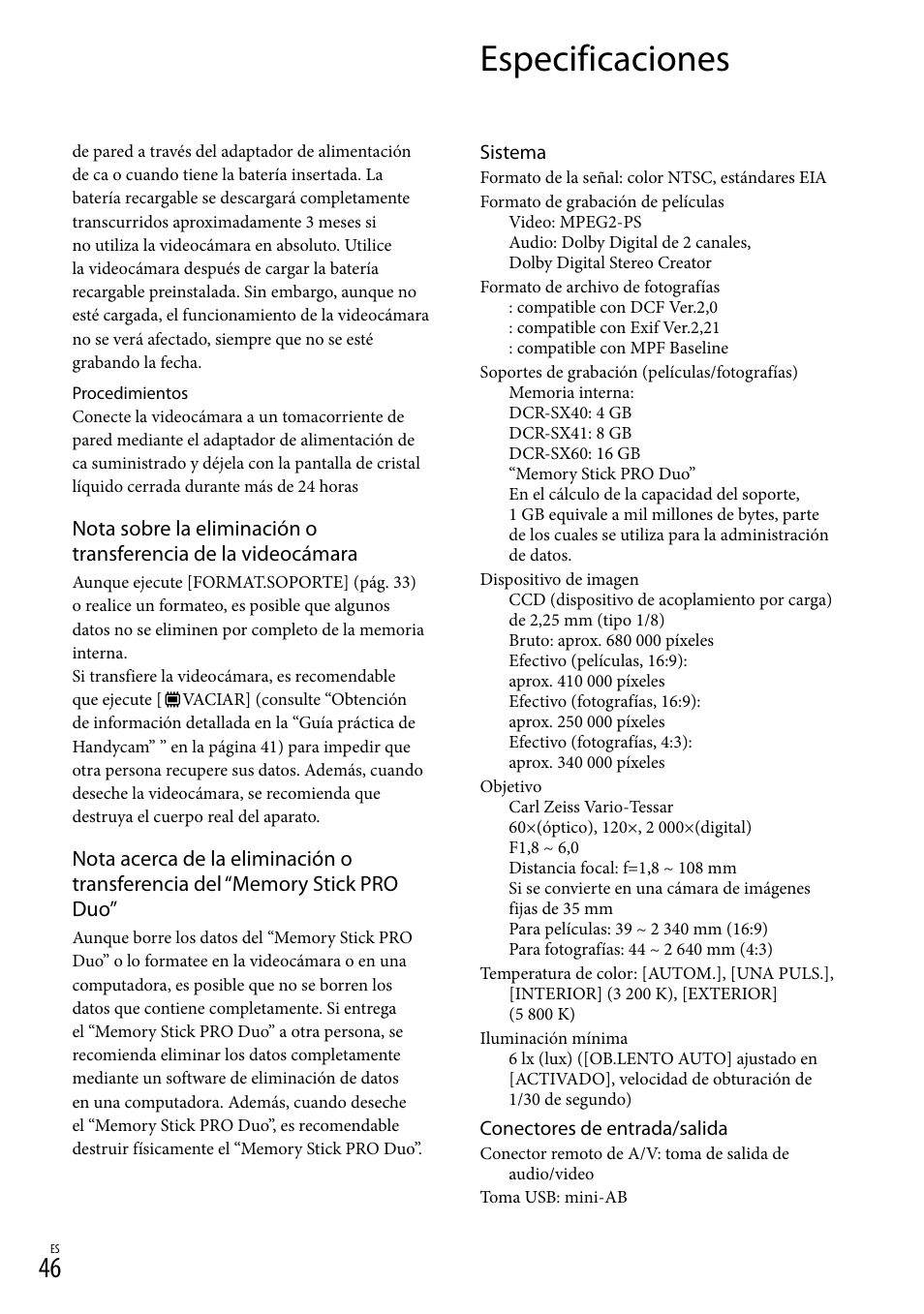 Especificaciones | Sony DCR-SX40 User Manual | Page 100 / 108