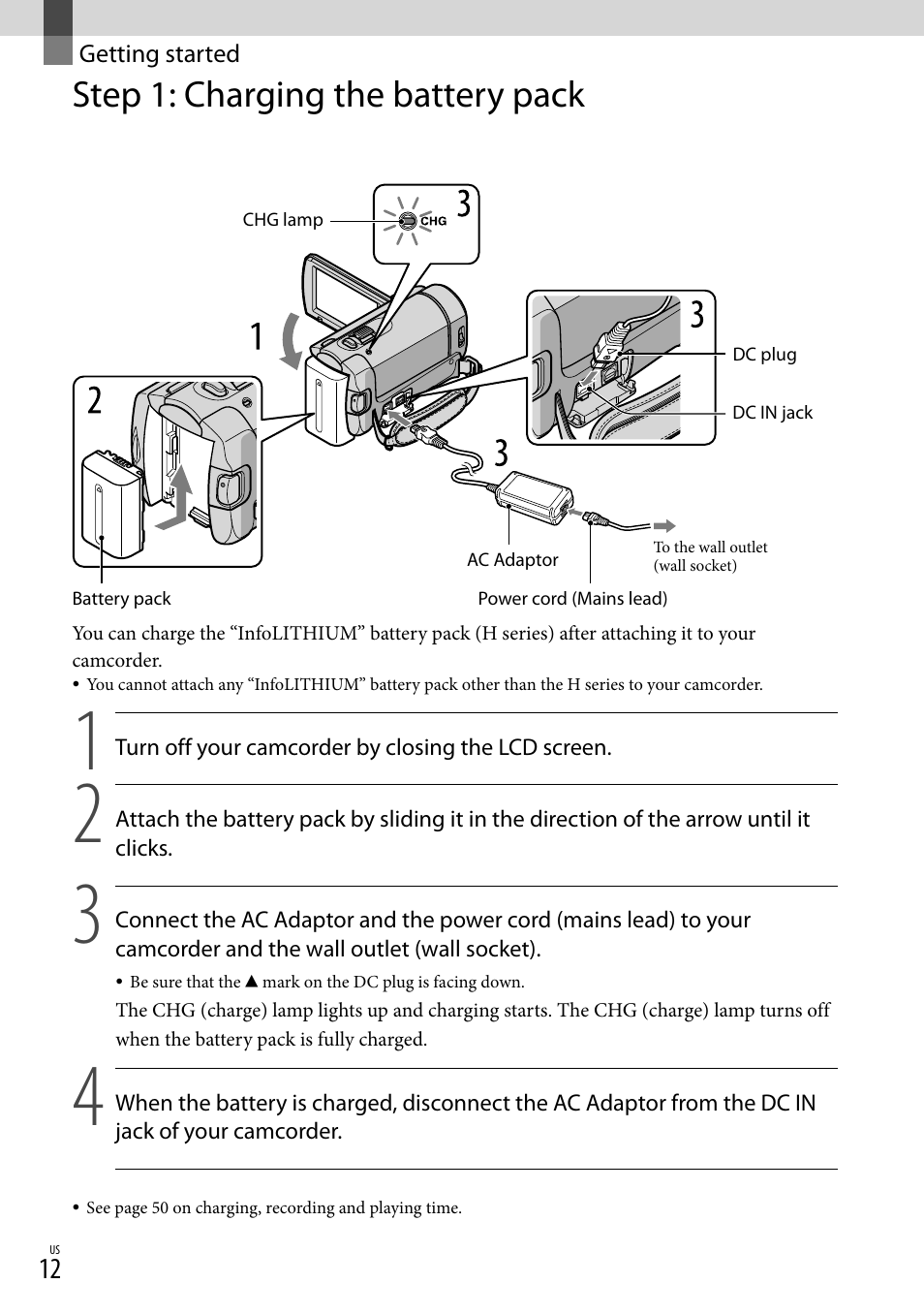Getting started, Step 1: charging the battery pack | Sony DCR-SX40 User Manual | Page 12 / 108