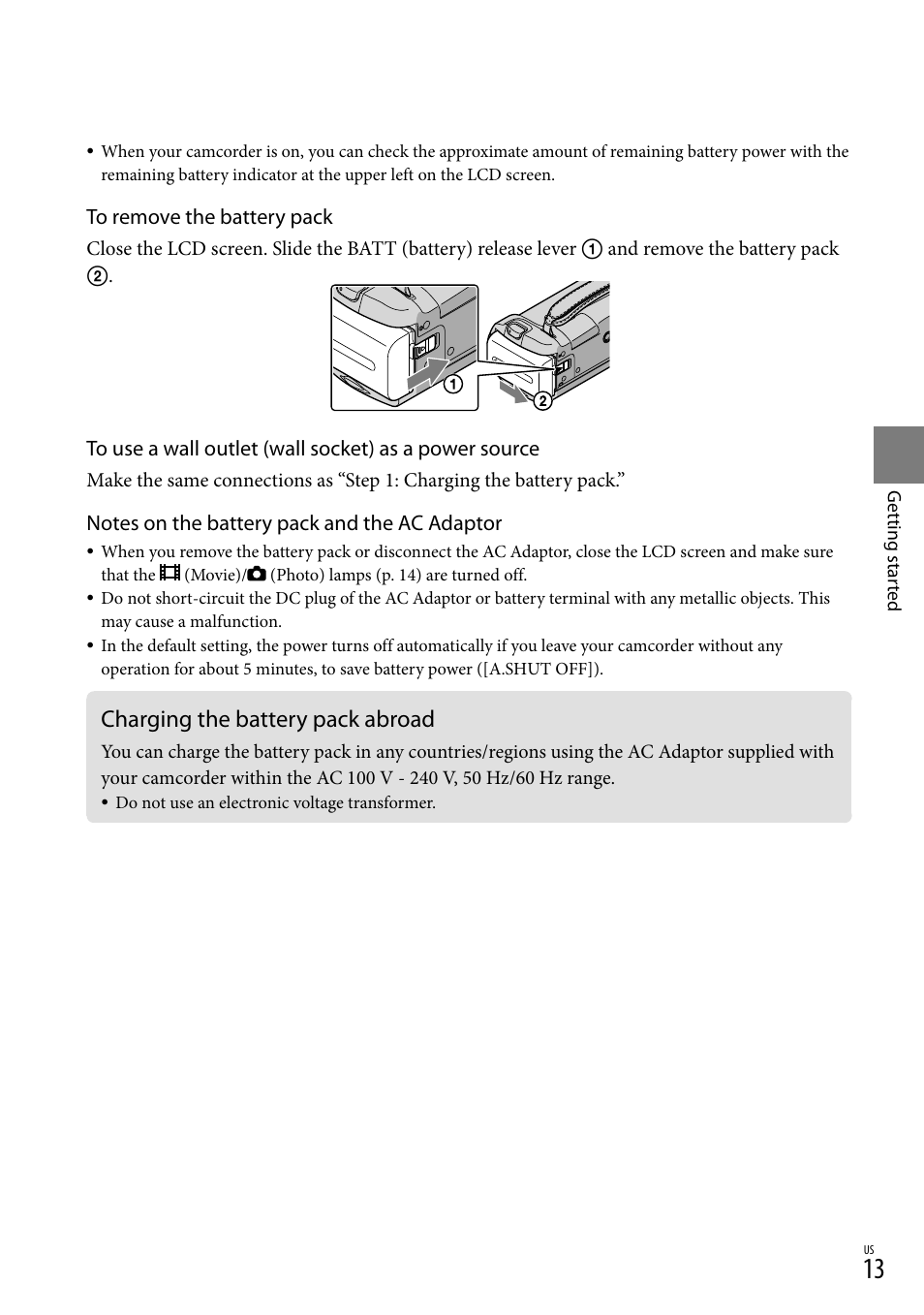 Charging the battery pack abroad | Sony DCR-SX40 User Manual | Page 13 / 108