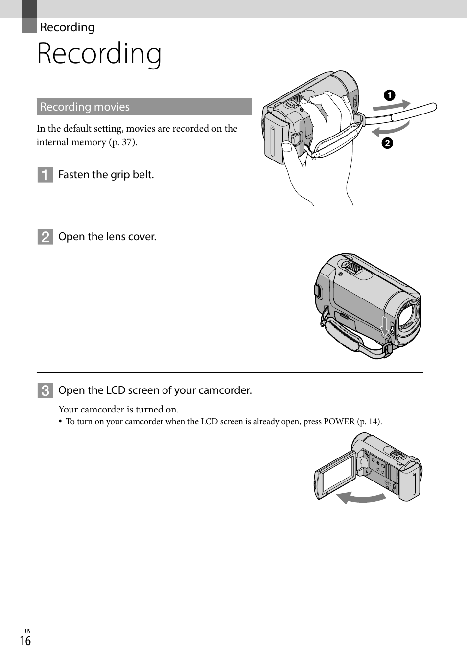 Recording | Sony DCR-SX40 User Manual | Page 16 / 108