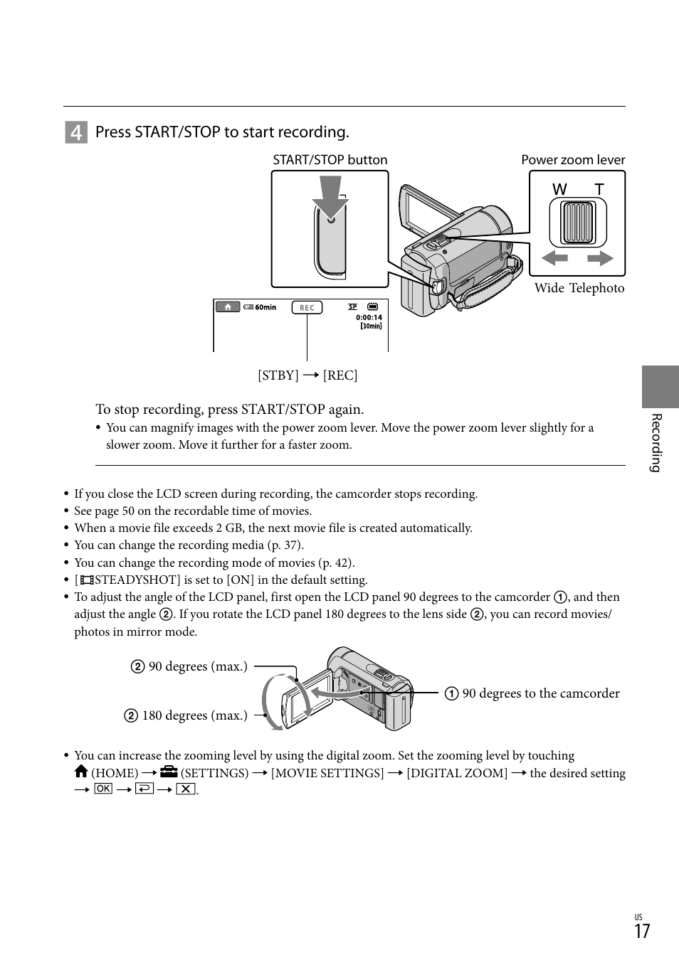 Press start/stop to start recording | Sony DCR-SX40 User Manual | Page 17 / 108