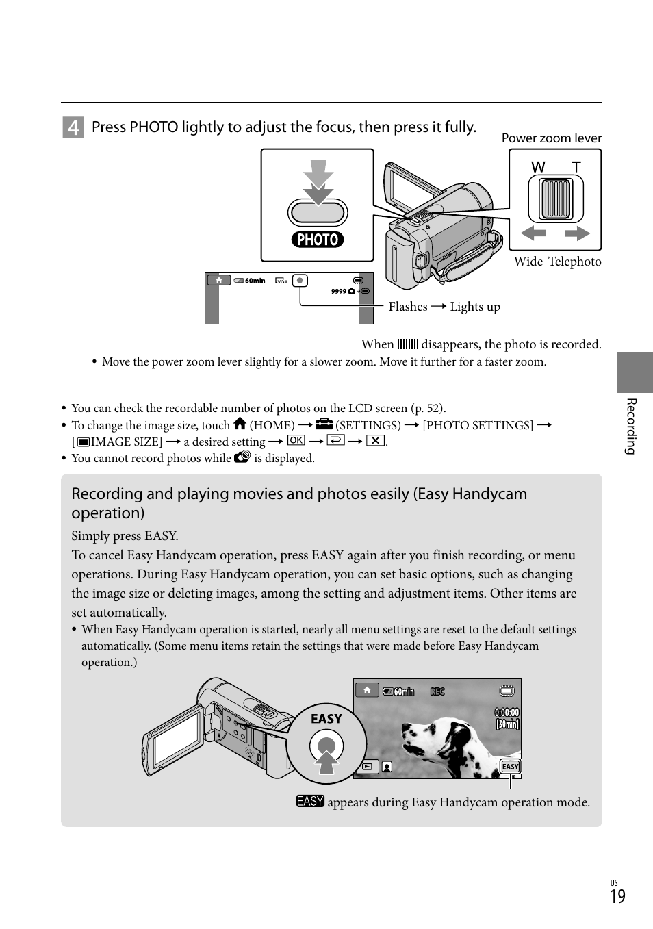 Recording and playing movies and photos easily, Easy handycam operation) | Sony DCR-SX40 User Manual | Page 19 / 108
