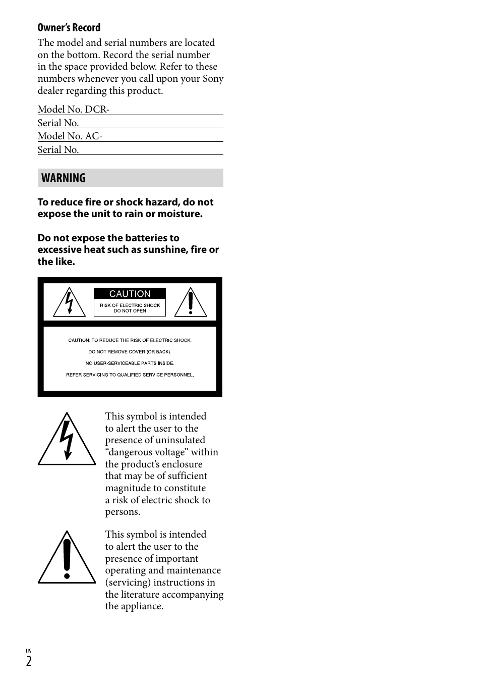 Warning | Sony DCR-SX40 User Manual | Page 2 / 108