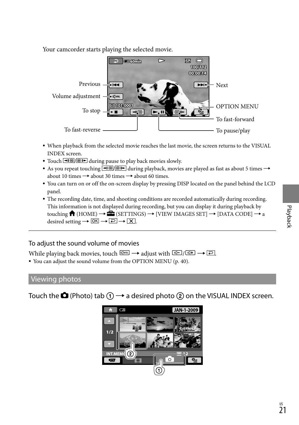 Viewing photos | Sony DCR-SX40 User Manual | Page 21 / 108
