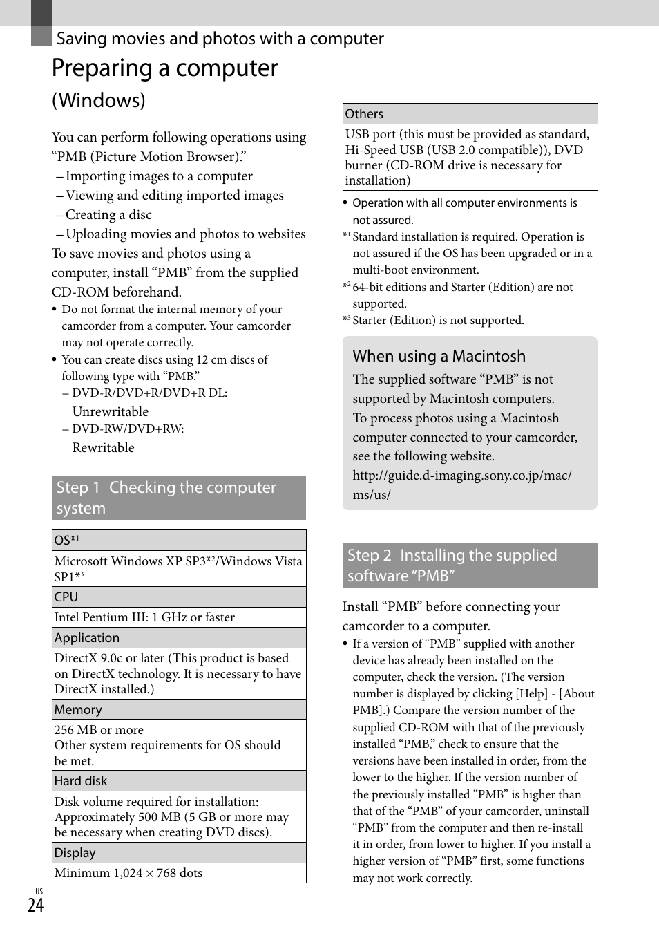 Saving movies and photos with a computer, Preparing a computer (windows), When using a macintosh | Preparing a computer, Windows), Step 1 checking the computer system, Step 2 installing the supplied software “pmb | Sony DCR-SX40 User Manual | Page 24 / 108