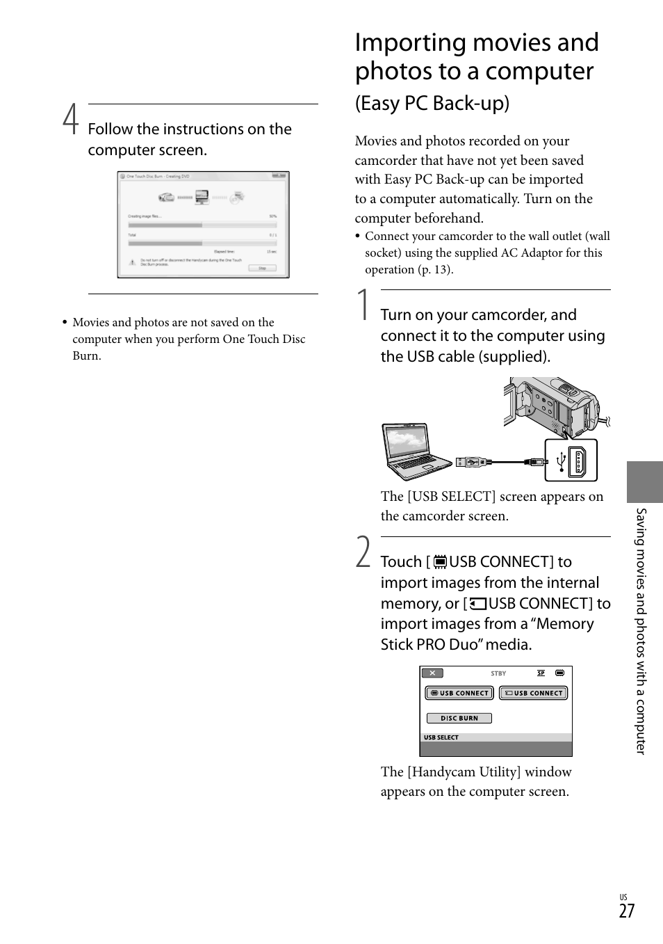 Importing movies and photos to a computer, Easy pc back-up) | Sony DCR-SX40 User Manual | Page 27 / 108