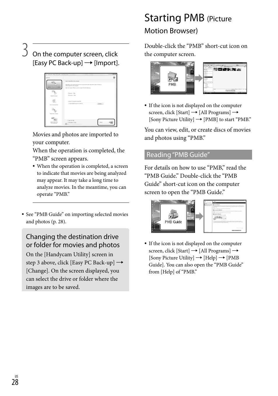 Starting pmb (picture motion browser), Starting pmb, Picture motion browser) | Sony DCR-SX40 User Manual | Page 28 / 108