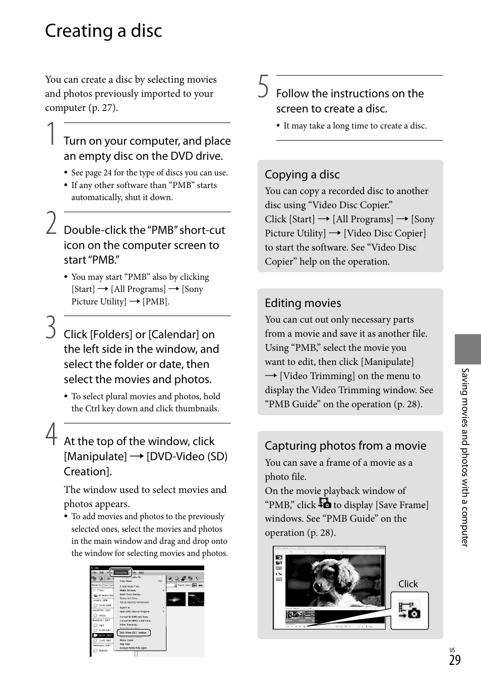 Creating a disc, Copying a disc, Editing movies | Capturing photos from a movie | Sony DCR-SX40 User Manual | Page 29 / 108