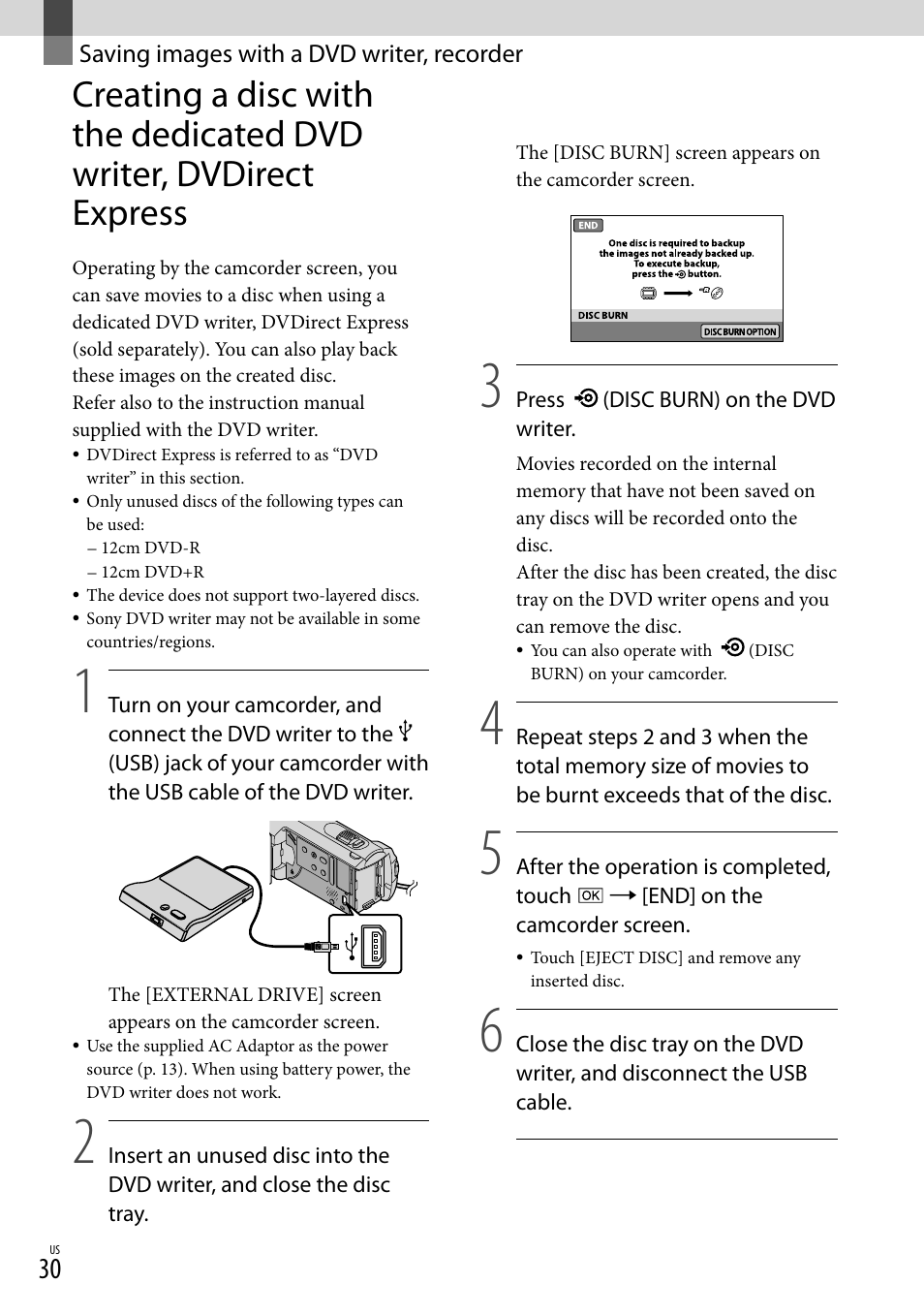 Saving images with a dvd writer, recorder | Sony DCR-SX40 User Manual | Page 30 / 108