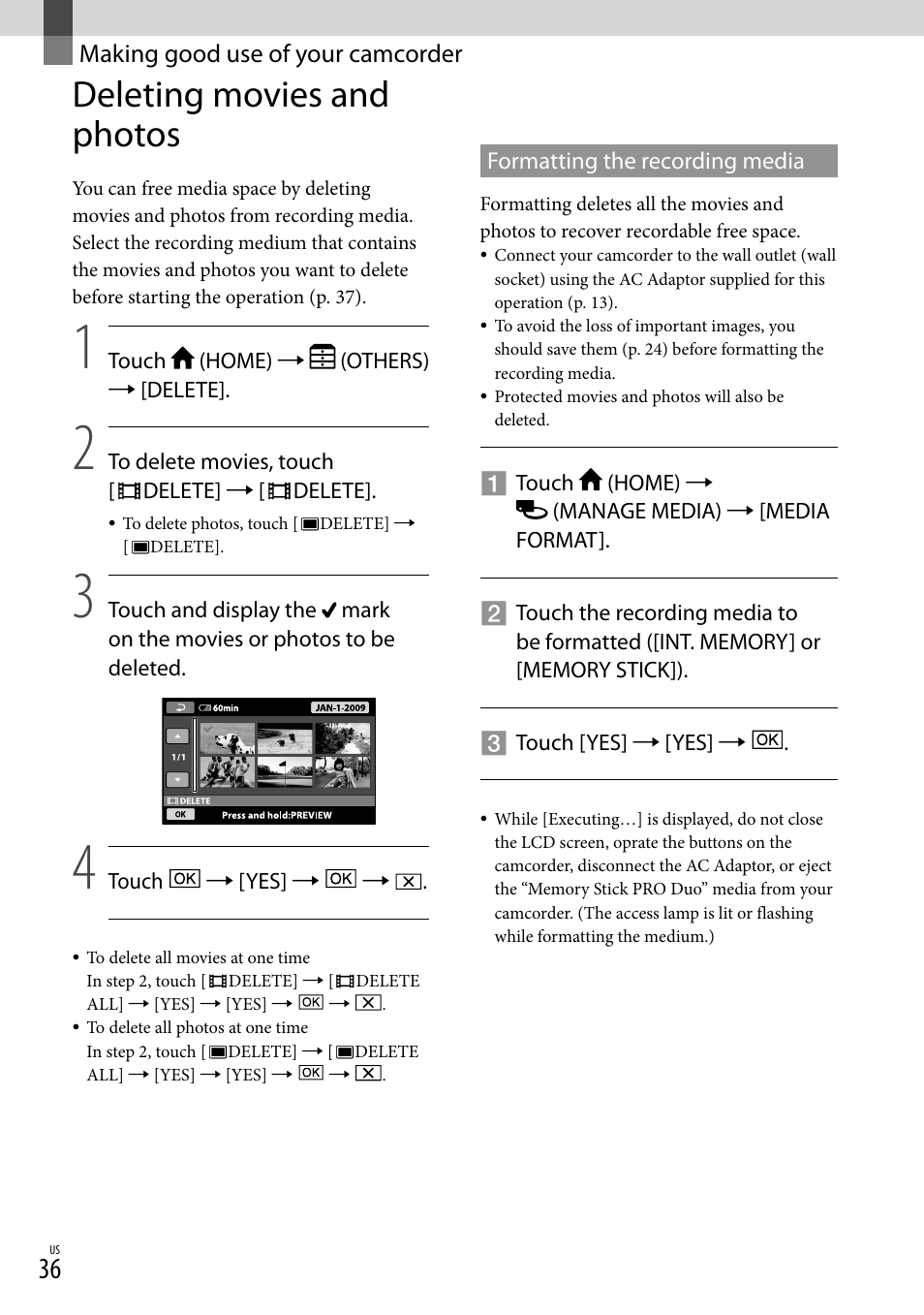 Making good use of your camcorder, Deleting movies and photos | Sony DCR-SX40 User Manual | Page 36 / 108