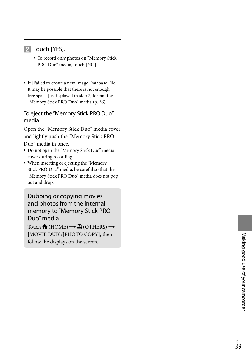 Memory stick pro duo” media, Touch [yes | Sony DCR-SX40 User Manual | Page 39 / 108