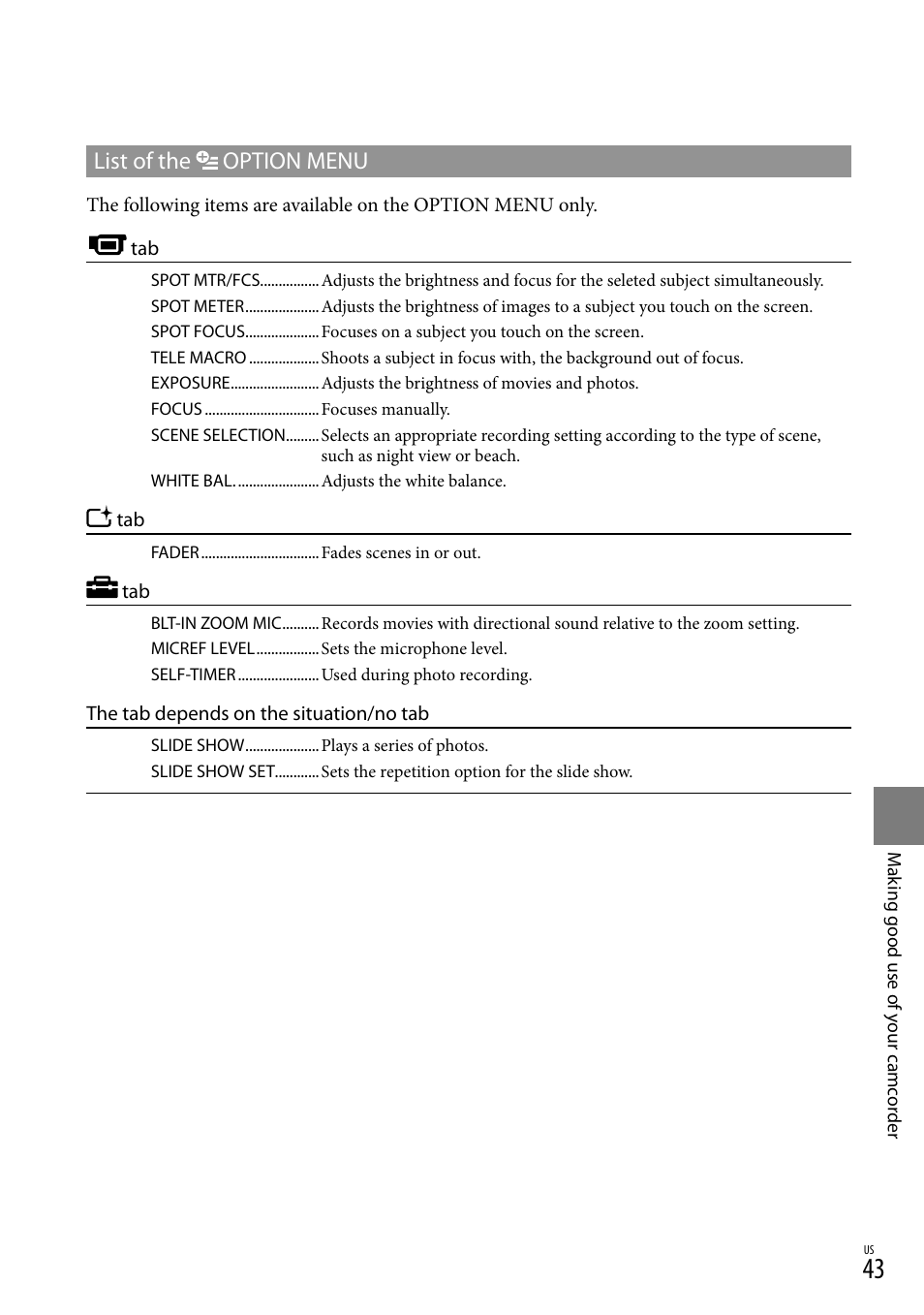 List of the option menu | Sony DCR-SX40 User Manual | Page 43 / 108