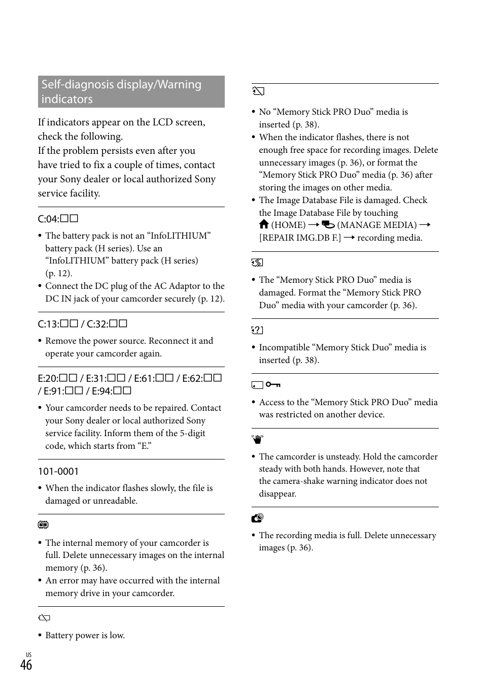 Self-diagnosis display/warning indicators | Sony DCR-SX40 User Manual | Page 46 / 108