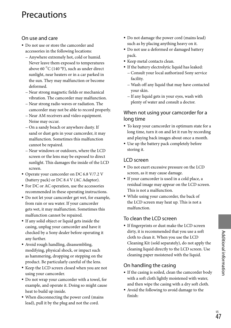 Precautions, On use and care, When not using your camcorder for a long time | Lcd screen, On handling the casing | Sony DCR-SX40 User Manual | Page 47 / 108