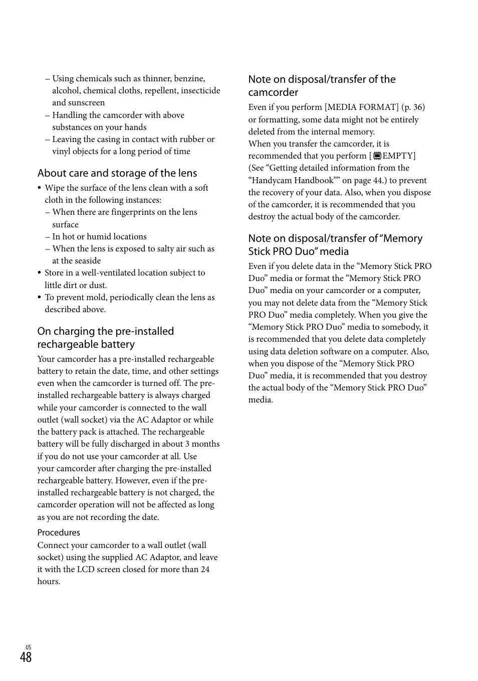 About care and storage of the lens, On charging the pre-installed rechargeable battery | Sony DCR-SX40 User Manual | Page 48 / 108