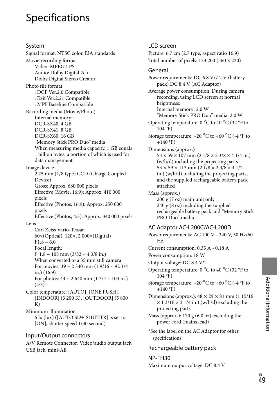 Specifications | Sony DCR-SX40 User Manual | Page 49 / 108