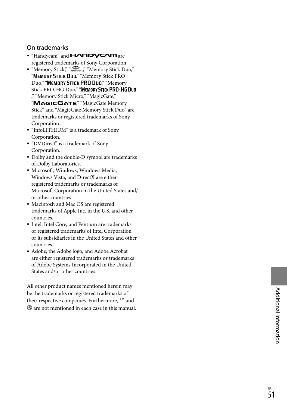 On trademarks | Sony DCR-SX40 User Manual | Page 51 / 108