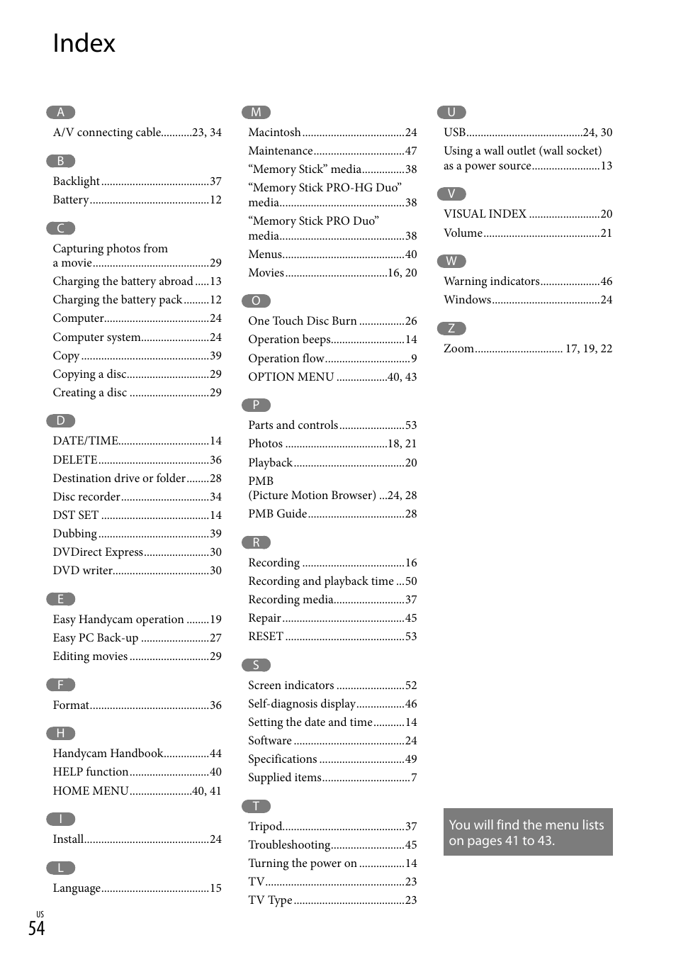 Index | Sony DCR-SX40 User Manual | Page 54 / 108