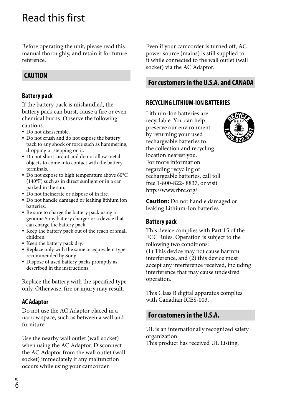 Read this first, Caution, For customers in the u.s.a. and canada | For customers in the u.s.a | Sony DCR-SX40 User Manual | Page 6 / 108