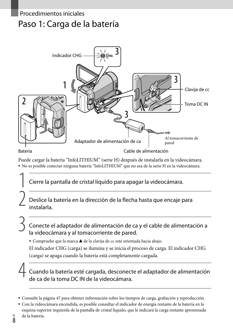 Procedimientos iniciales, Paso 1: carga de la batería | Sony DCR-SX40 User Manual | Page 62 / 108