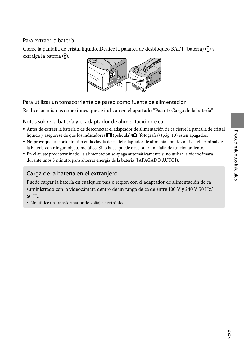 Carga de la batería en el extranjero | Sony DCR-SX40 User Manual | Page 63 / 108