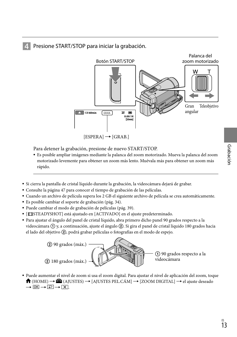 Presione start/stop para iniciar la grabación | Sony DCR-SX40 User Manual | Page 67 / 108