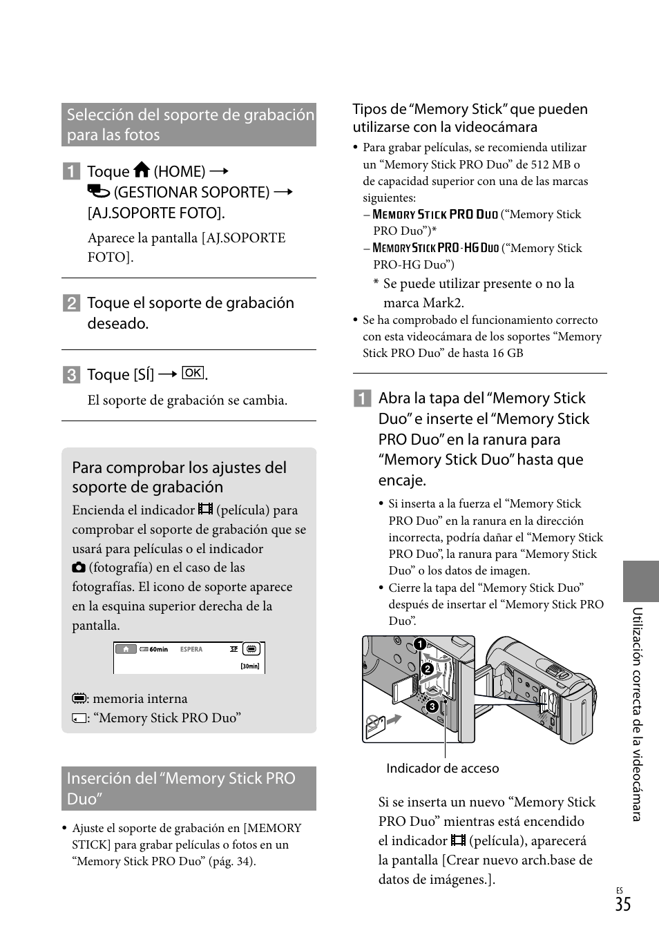 A 35 p, 35) es, Selección del soporte de grabación para las fotos | Sony DCR-SX40 User Manual | Page 89 / 108