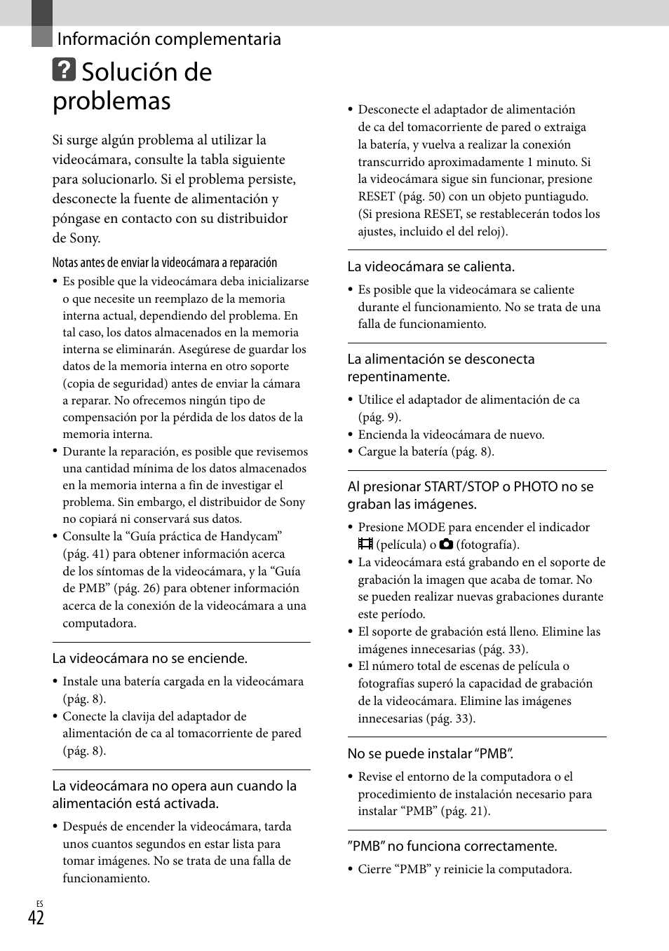 Información complementaria, Solución de problemas | Sony DCR-SX40 User Manual | Page 96 / 108