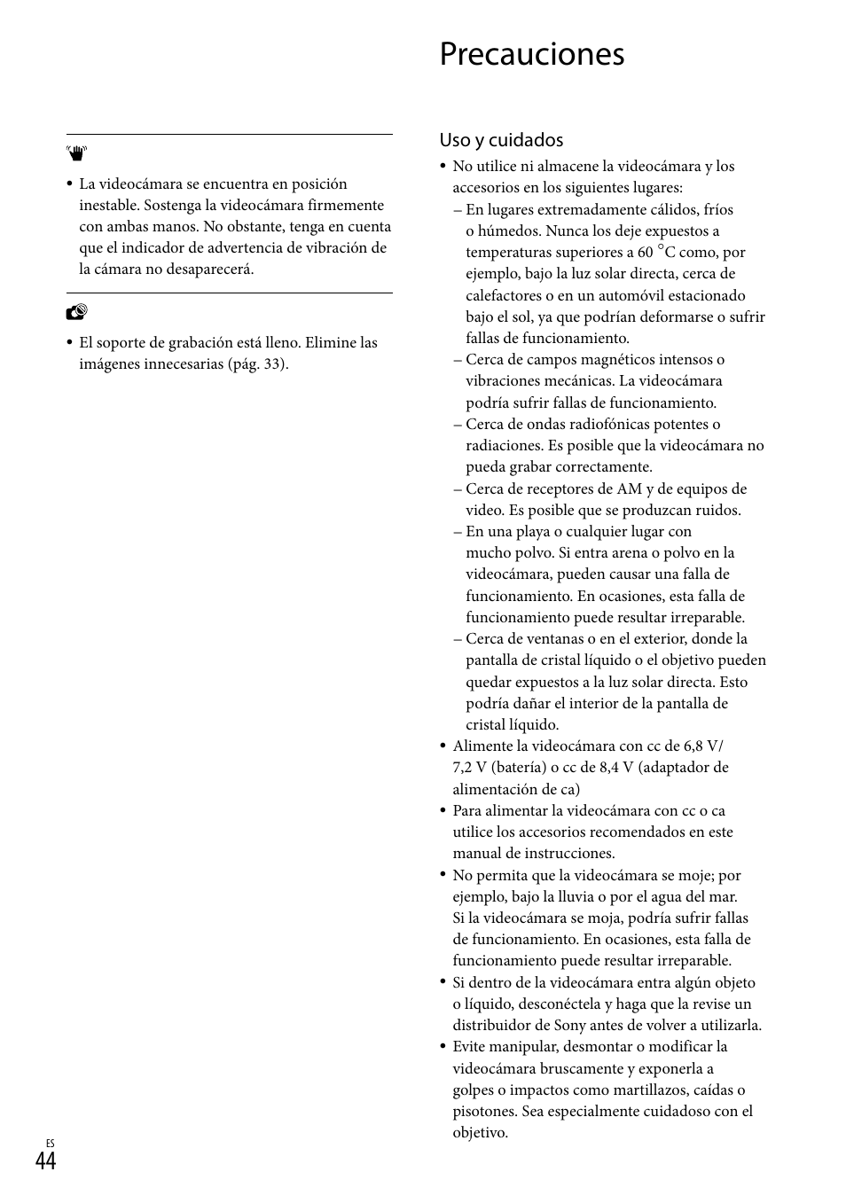 Precauciones, Uso y cuidados | Sony DCR-SX40 User Manual | Page 98 / 108