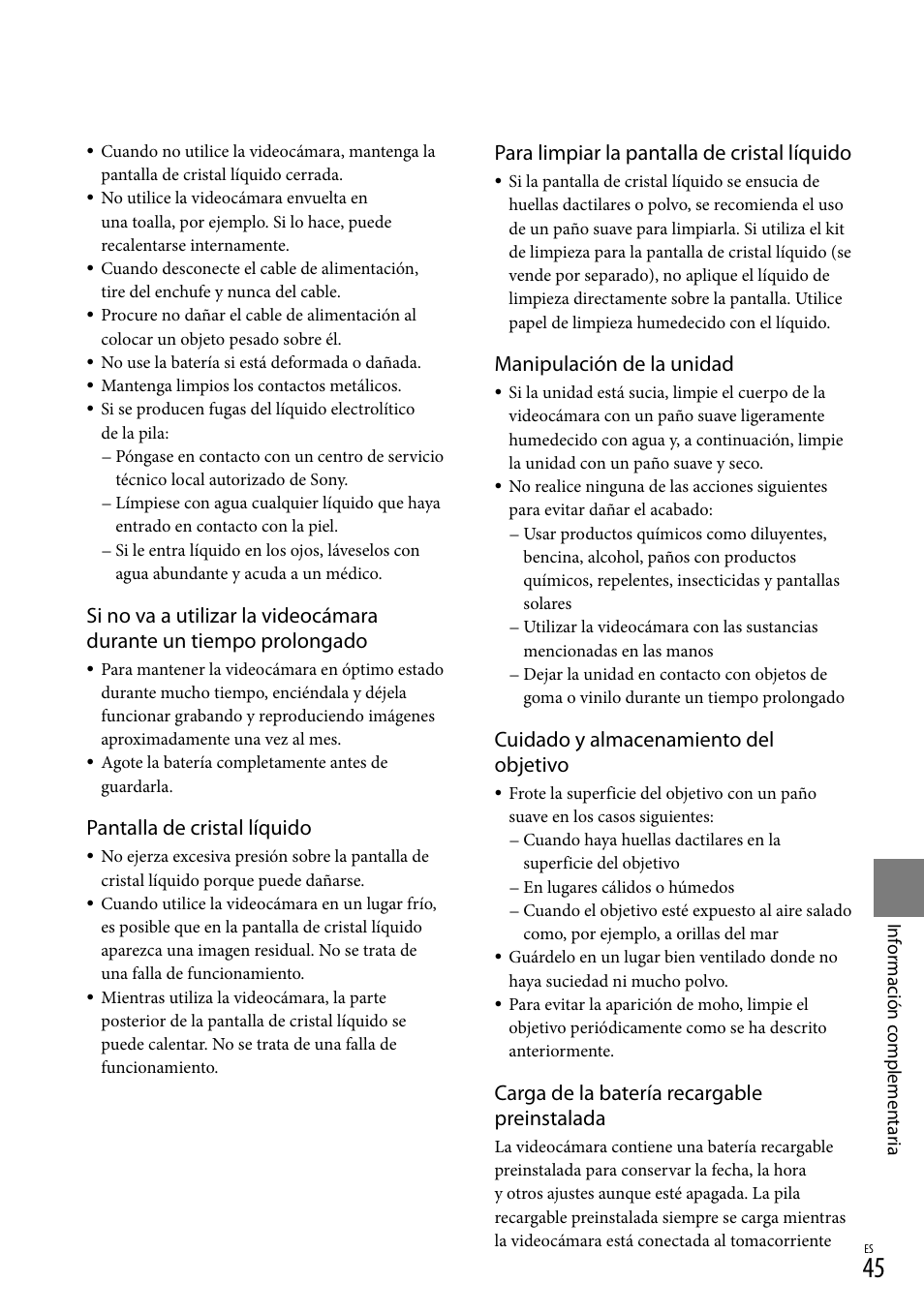 Pantalla de cristal líquido, Para limpiar la pantalla de cristal líquido, Manipulación de la unidad | Cuidado y almacenamiento del objetivo, Carga de la batería recargable preinstalada | Sony DCR-SX40 User Manual | Page 99 / 108