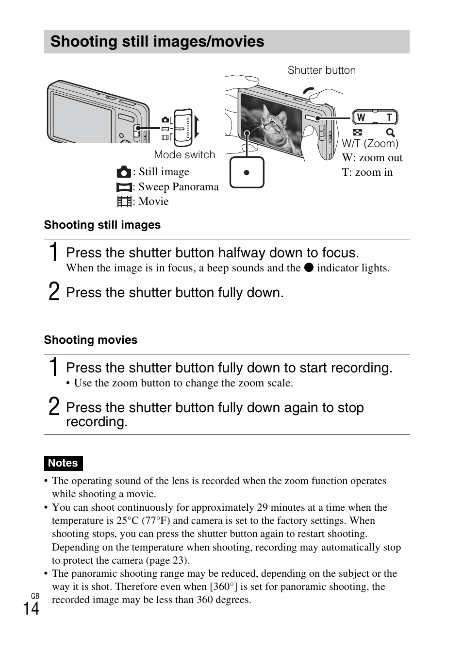 Shooting still images/movies | Sony DSC-W690 User Manual | Page 14 / 48