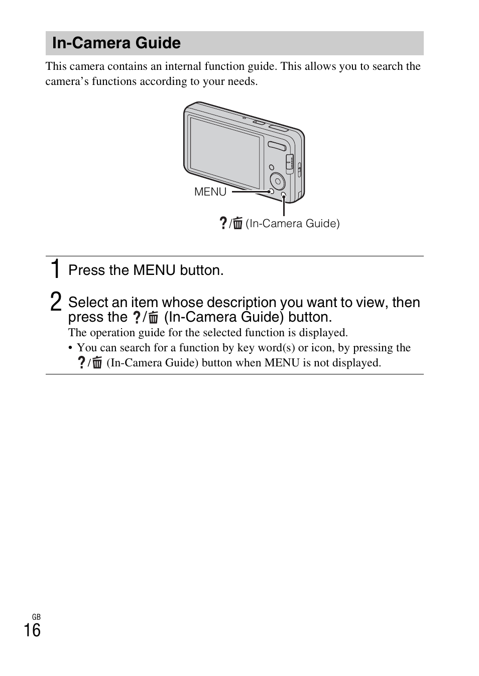 In-camera guide | Sony DSC-W690 User Manual | Page 16 / 48