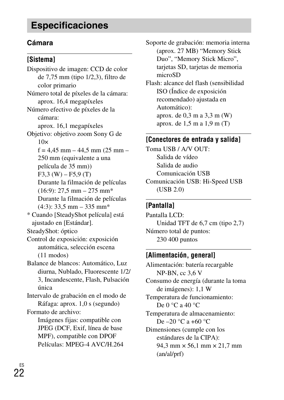 Especificaciones | Sony DSC-W690 User Manual | Page 46 / 48