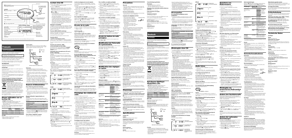 Français, Deutsch, Disque utilisables sur ce lecteur cd | Sources d’alimentation, Précautions, Dépannage, Spécifications, Auf diesem cd-player abspielbare cds, Lecture d’un cd, Écoute de la radio | Sony D-NF340 User Manual | Page 2 / 2