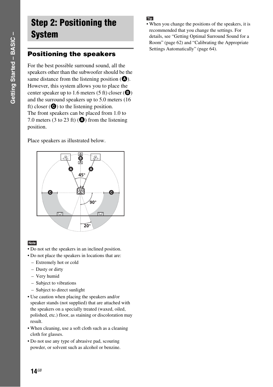 Step 2: positioning the system, Positioning the speakers | Sony DAV-DZ120 User Manual | Page 14 / 96