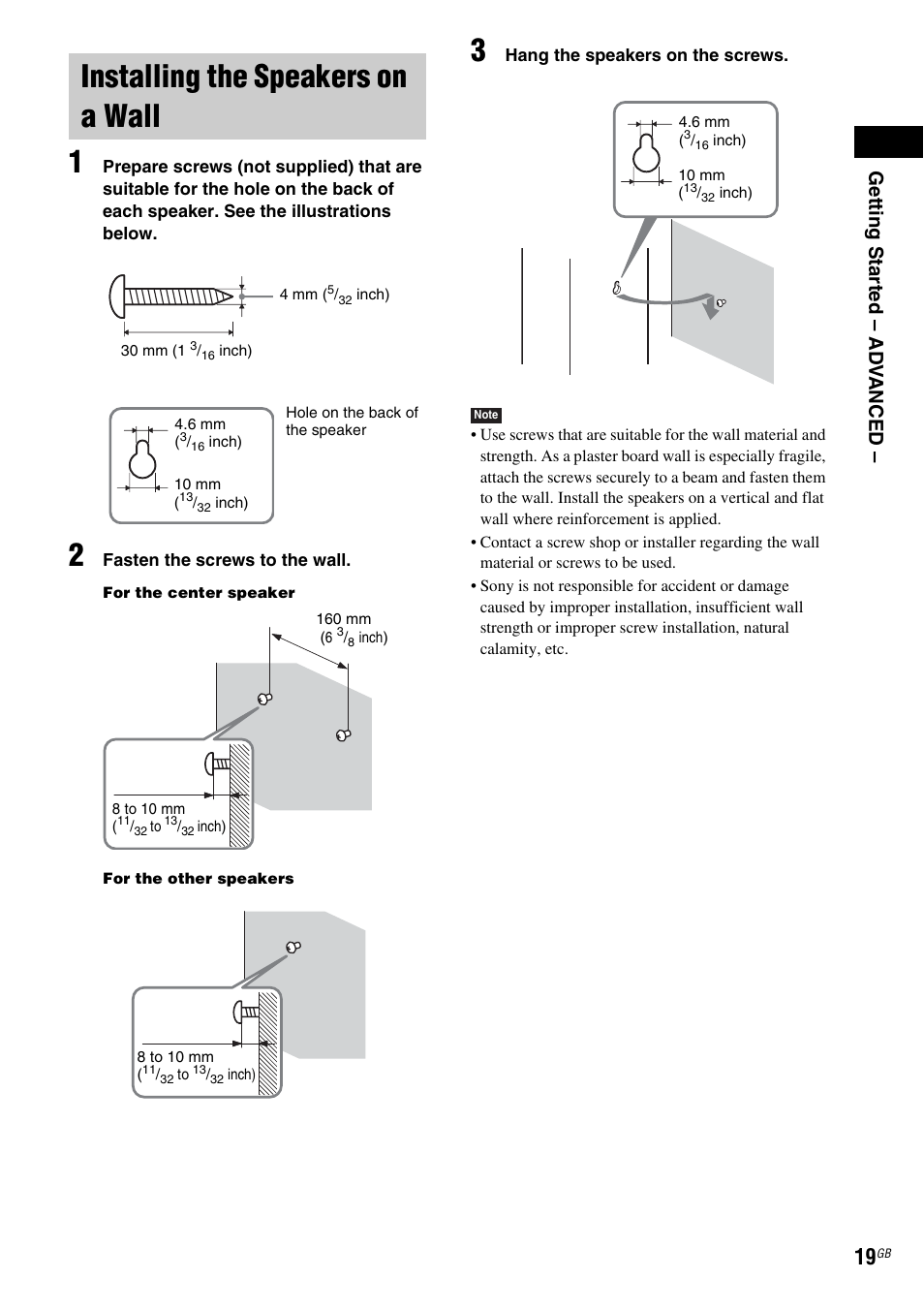 Installing the speakers on a wall, Getting star ted – ad v anced | Sony DAV-DZ120 User Manual | Page 19 / 96